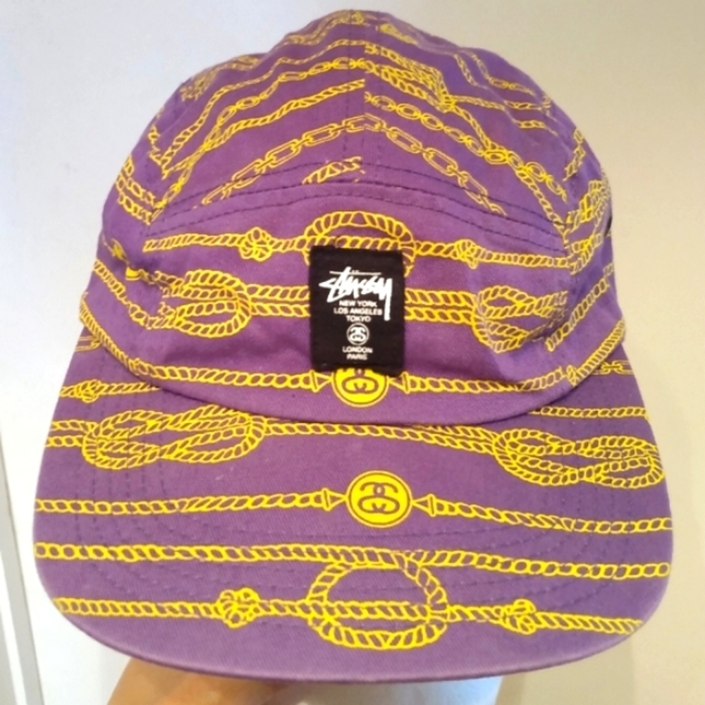 Vintage STUSSY Rare 5 Panel Purple Gold Chains Ball Cal Adjustable Adult Hat